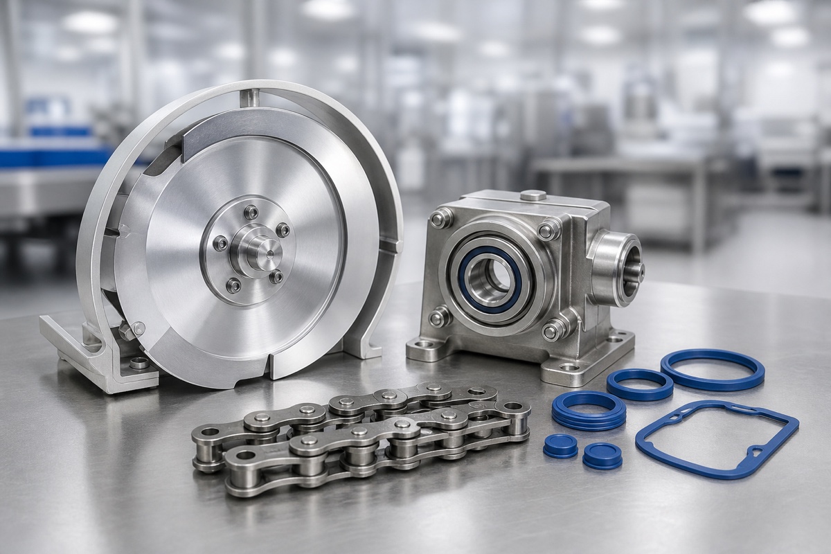 Recommended alt text: Stainless steel parts and accessories for professional food processing machinery